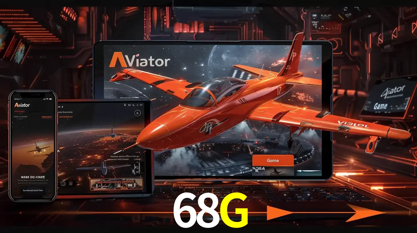 Apresentação tecnológica do jogo Aviator com um avião saindo da tela de um tablet, demonstrando a experiência imersiva em múltiplos dispositivos no 68G.