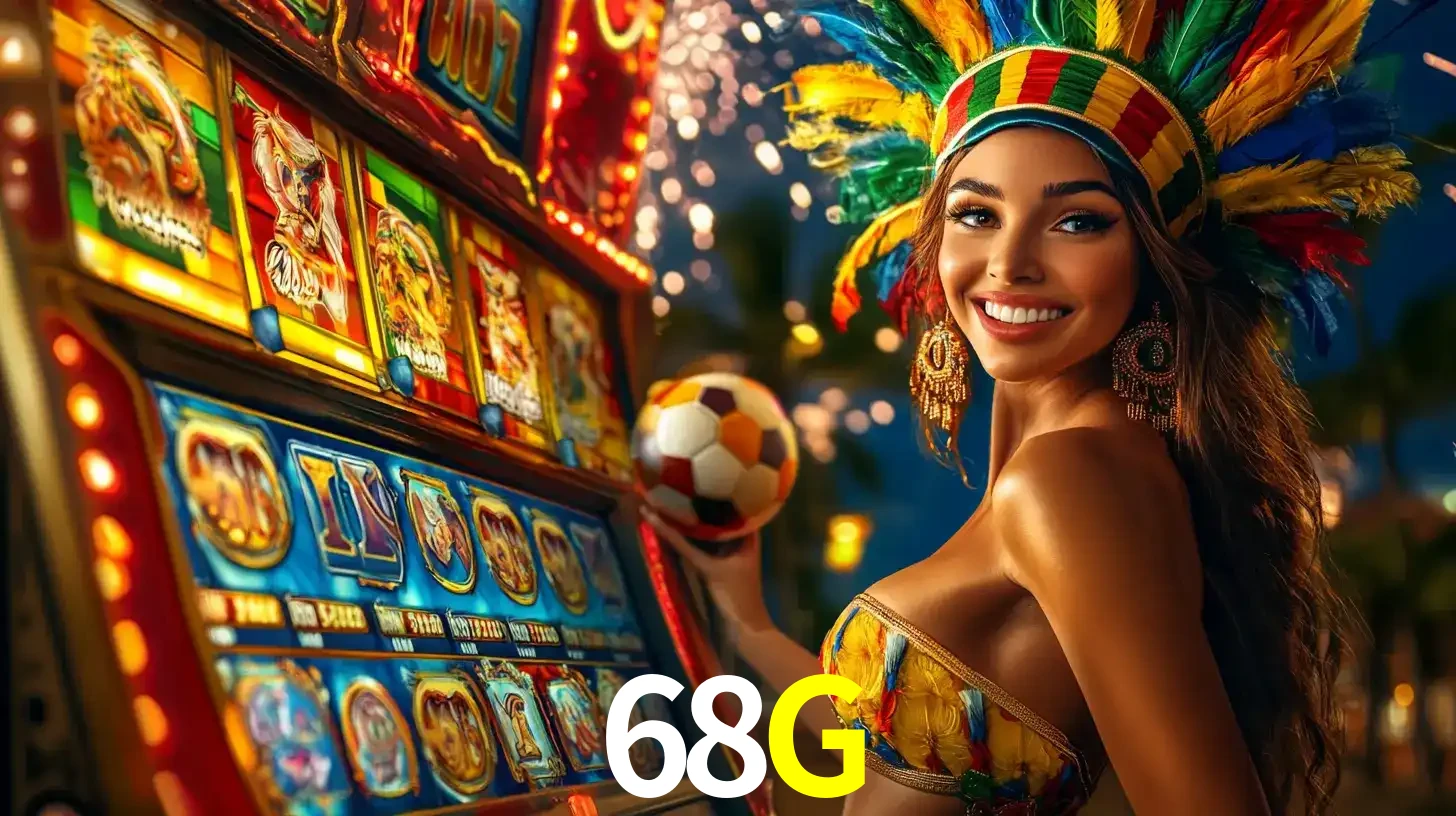 Mulher com um cocar de carnaval ao lado de uma máquina de caça-níqueis enquanto segura uma bola de futebol, mostrando a união da diversão de cassino e esportes no 68G.