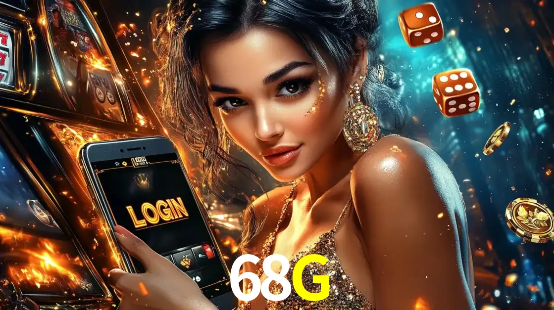 Mulher glamourosa segurando um celular com a tela de login do cassino 68G, rodeada por dados e moedas douradas, pronta para começar a diversão.
