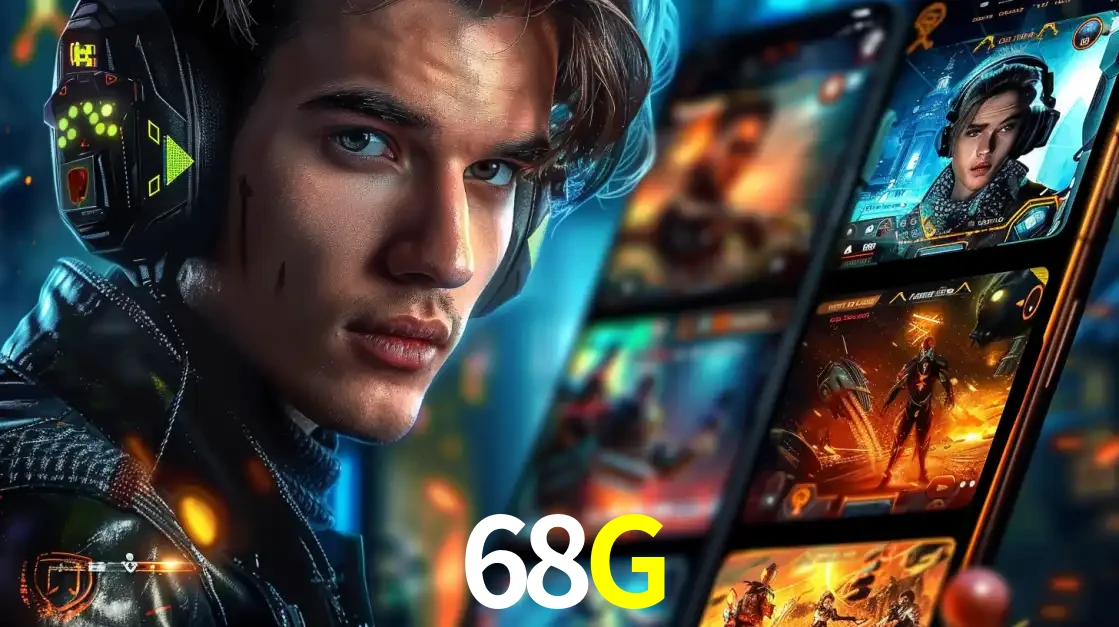 Jovem jogador com fones de ouvido olhando para a câmera, com um aplicativo de jogos e e-sports para celular ao fundo, pronto para a competição e apostas no 68G.
