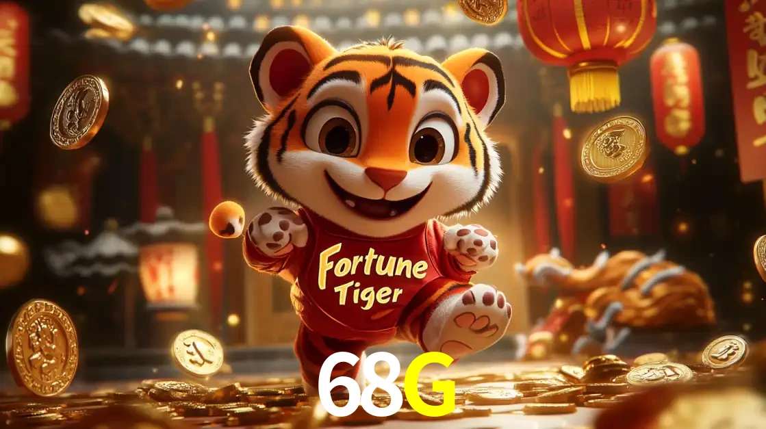 O alegre personagem do Fortune Tiger correndo sobre um caminho de moedas de ouro, simbolizando os grandes prêmios e a diversão do popular jogo de slot do 68G.
