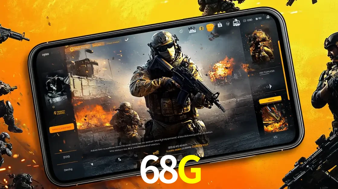 Um smartphone exibindo a interface de um jogo de tiro em primeira pessoa, com um soldado em um cenário de batalha, representando a ação dos e-sports para apostar no 68G.