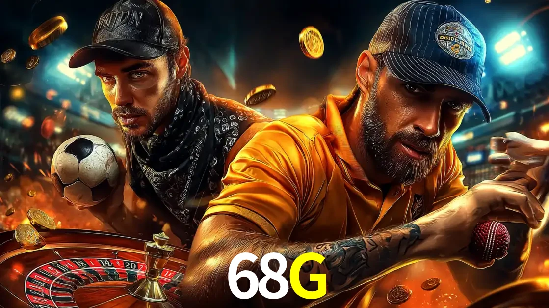 Montagem de apostas esportivas e cassino no 68G, com um homem segurando uma bola de futebol e outro uma de beisebol sobre uma roleta e moedas voadoras.