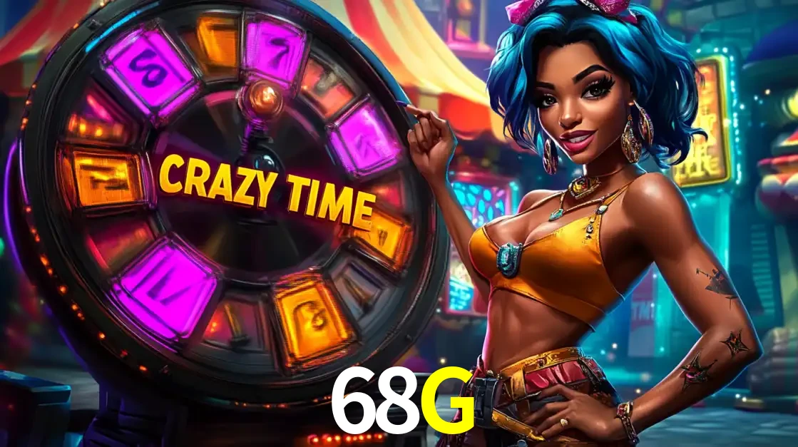 Mulher estilizada com cabelo azul e visual vibrante posando ao lado da roda de prêmios do game show Crazy Time, convidando para a diversão e os bônus do cassino 68G.