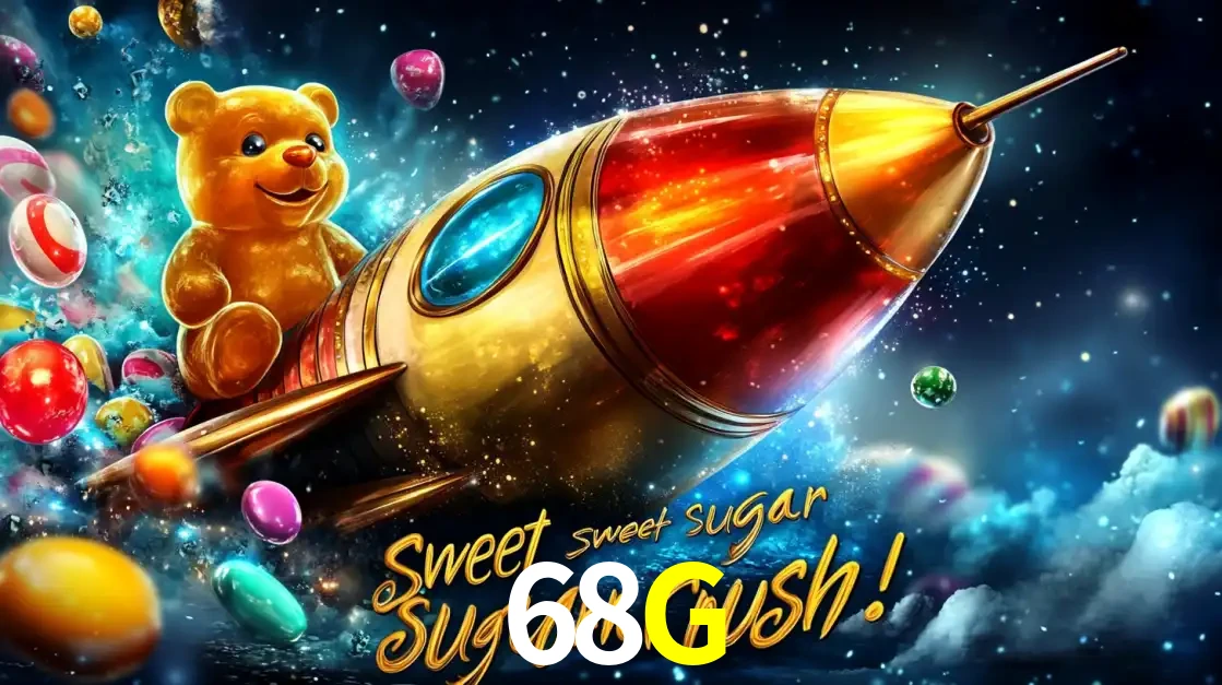 Arte promocional do jogo de slot Sugar Rush, com um urso de pelúcia em um foguete viajando pelo espaço de doces, um dos jogos divertidos disponíveis no cassino 68G.