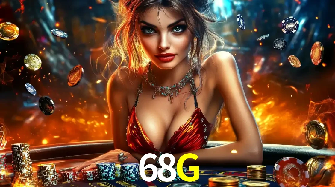 Mulher em uma mesa de cassino com pilhas de fichas e um fundo de fogo, pronta para uma rodada de altas apostas nos jogos de mesa emocionantes do cassino 68G.