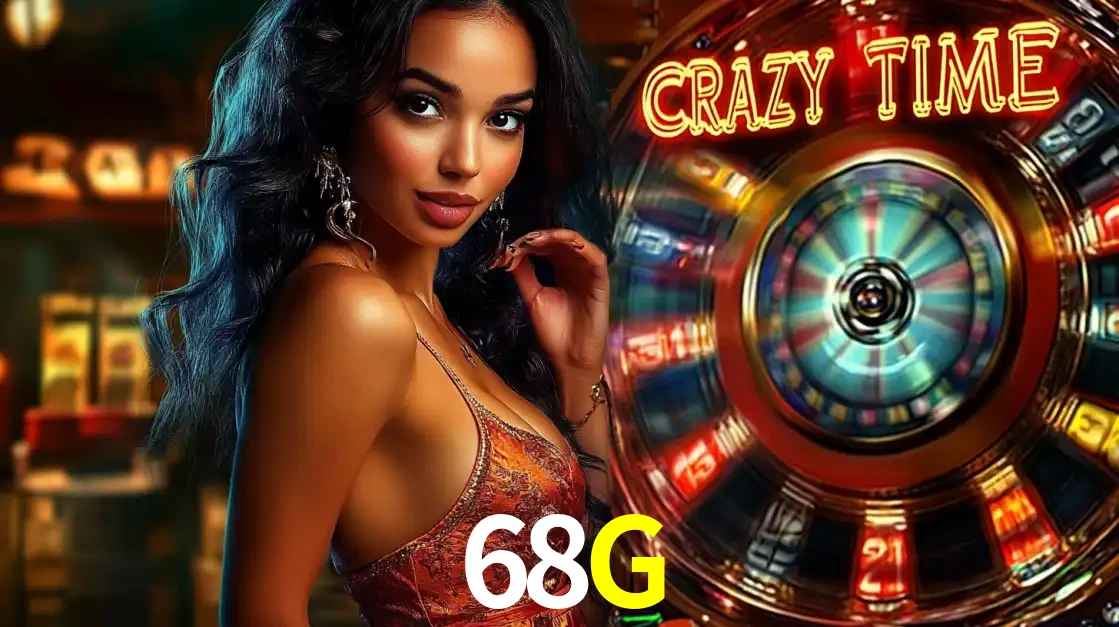 Mulher elegante ao lado da vibrante roda da fortuna do jogo de cassino ao vivo Crazy Time, um dos game shows mais populares e cheios de prêmios do 68G.