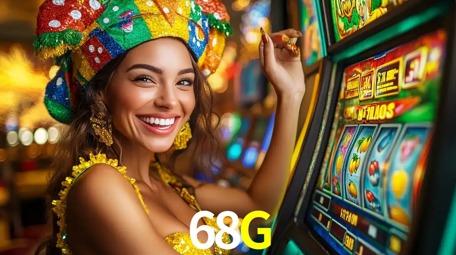 Mulher feliz com traje de carnaval amarelo e colorido ao lado de uma máquina de caça-níqueis, aproveitando a diversão e os jogos temáticos do cassino 68G.