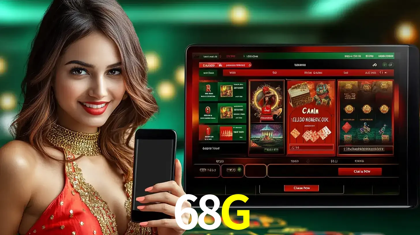 Mulher sorridente segurando um smartphone, ao lado de uma tela exibindo o lobby de jogos do cassino online 68G, com várias opções de jogos de cartas e slots.